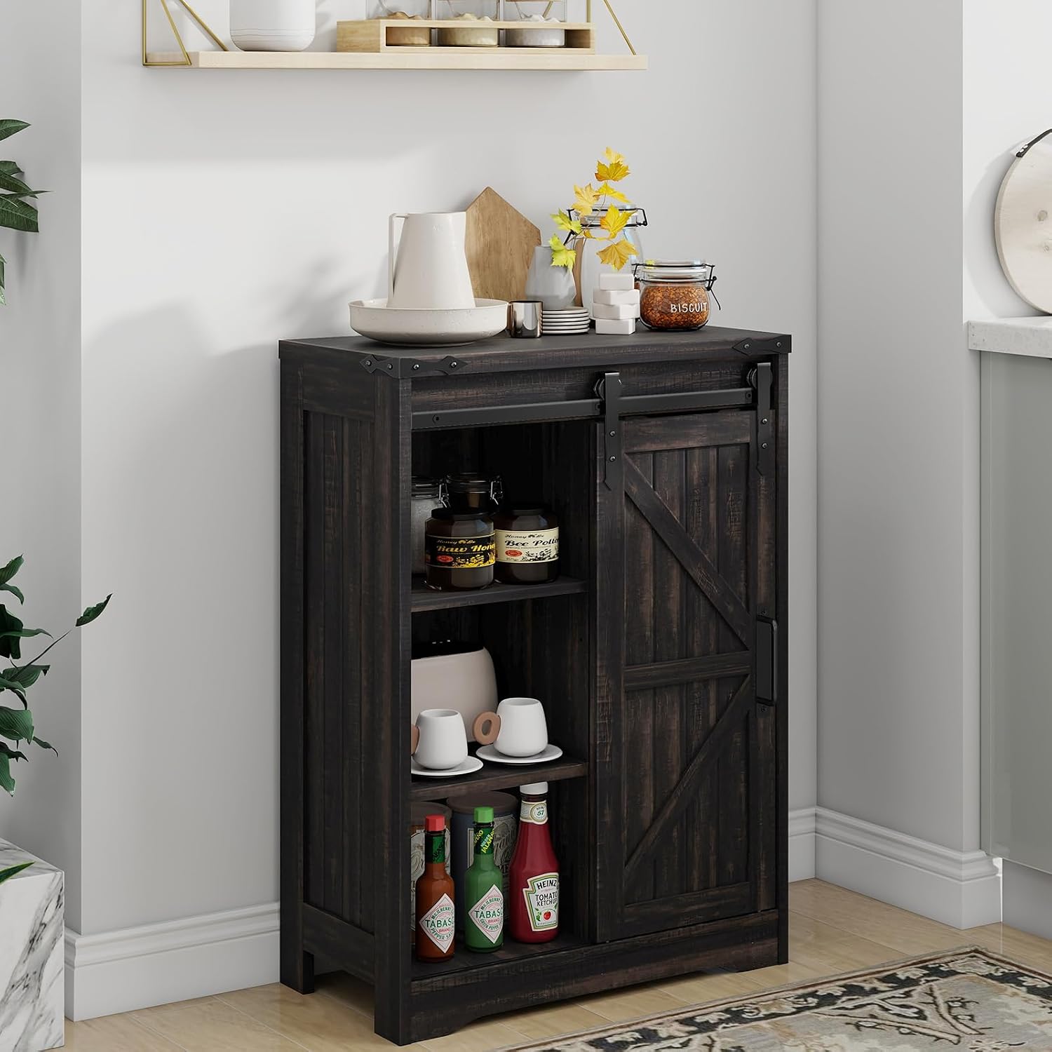 Halitaa Farmhouse Bathroom Floor Storage Cabinet with 4 Drawers, Bathroom Cabinet with Sliding Door, Rustic Storage Organizer for Kitchen, Living Room, Rustic Style, Black Oak