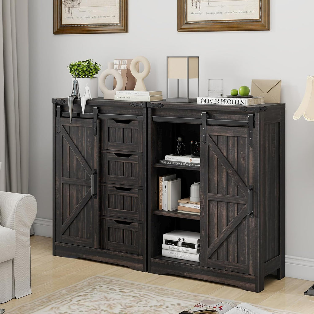 Halitaa Farmhouse Bathroom Floor Storage Cabinet with 4 Drawers, Bathroom Cabinet with Sliding Door, Rustic Storage Organizer for Kitchen, Living Room, Rustic Style, Black Oak