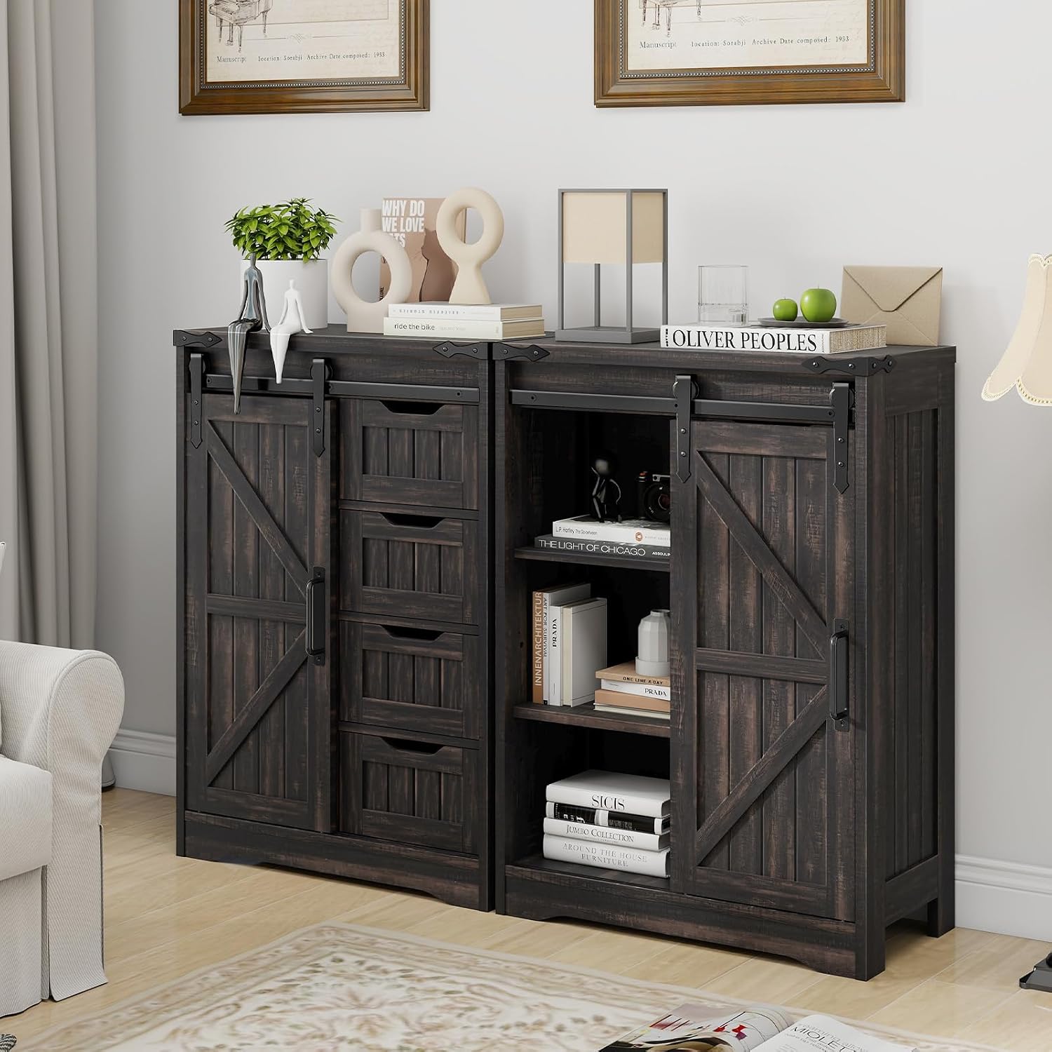 Halitaa Farmhouse Bathroom Floor Storage Cabinet with 4 Drawers, Bathroom Cabinet with Sliding Door, Rustic Storage Organizer for Kitchen, Living Room, Rustic Style, Black Oak