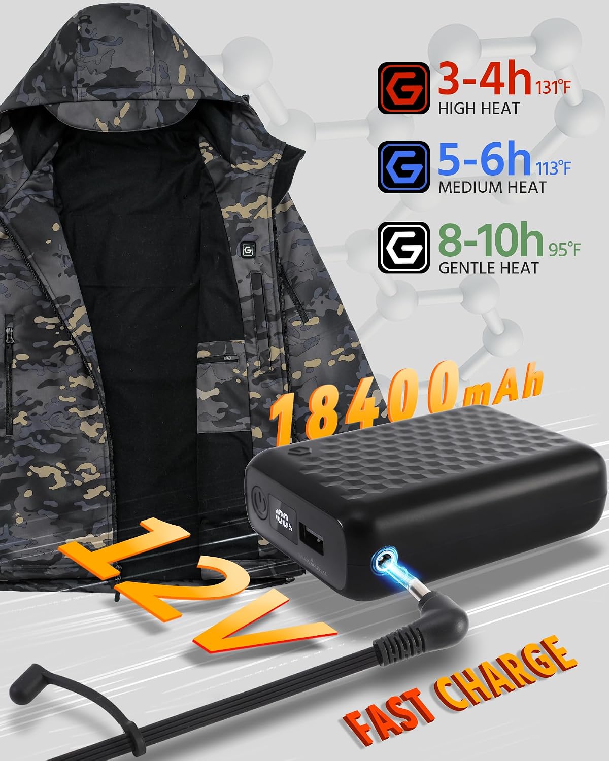 Wulcea Graphene Heated Soft Shell Jacket for Men 12V 18400mAh Large Capacity