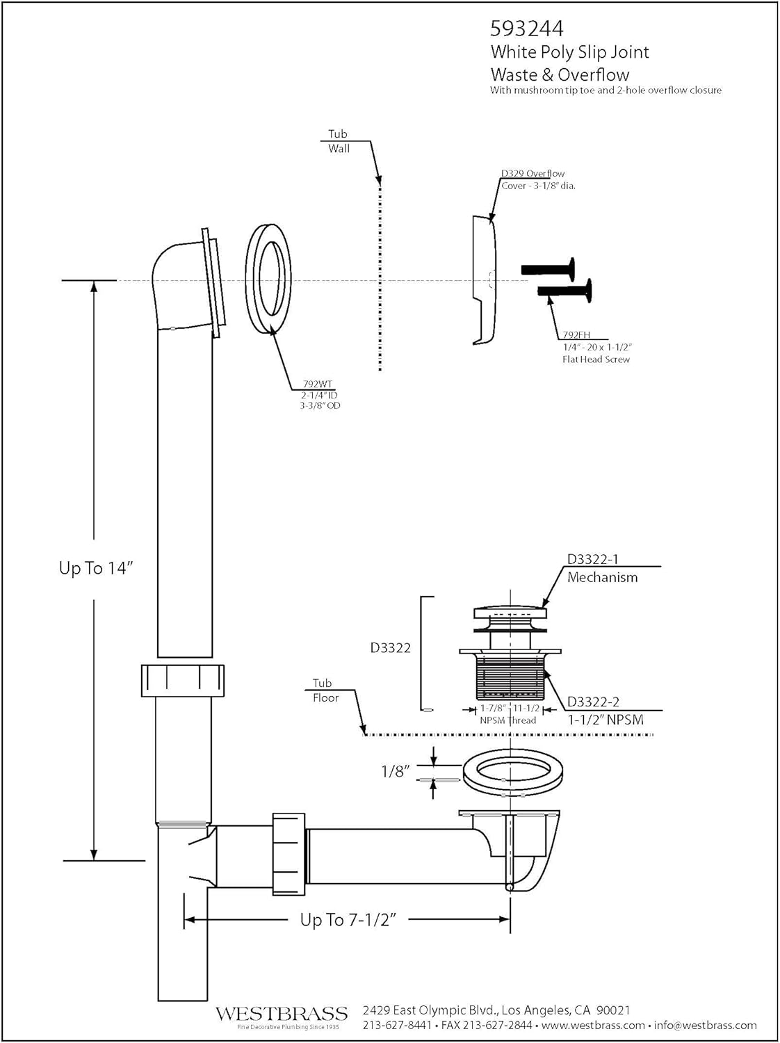 Westbrass 593244-12-12 14' x 1-1/2' White Tubular Bathtub Waste & Overflow Assembly with Tip-Toe Drain Plug and 2-Hole Faceplate, Oil Rubbed Bronze (12-Pack)