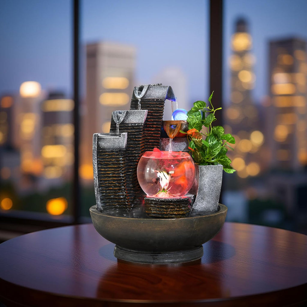 16.93' Indoor Tabletop Fountain with LED Fish Tank, Lighted Crystal Ball & Free 10 Natural Crystals – Water Feature for Home, Office, Entryway & Housewarming Gift (Fish Tank)