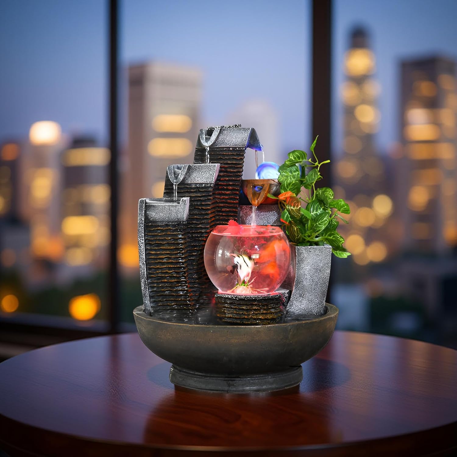 16.93' Indoor Tabletop Fountain with LED Fish Tank, Lighted Crystal Ball & Free 10 Natural Crystals – Water Feature for Home, Office, Entryway & Housewarming Gift (Fish Tank)