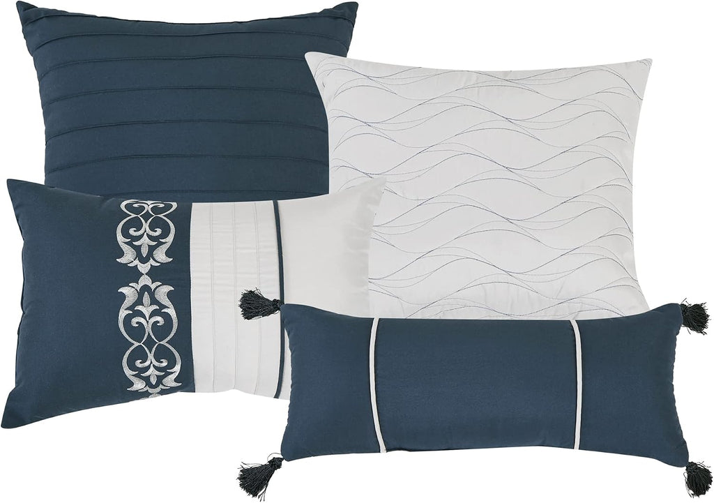 LinenTopia Luxury 7 Piece King/Cal-King Comforter Set with Shams Cushions, Modern Wavy Elegant Navy Embroidered-Pattern, Bed Cover Bed in a Bag, (22066, K/CK, Navy)
