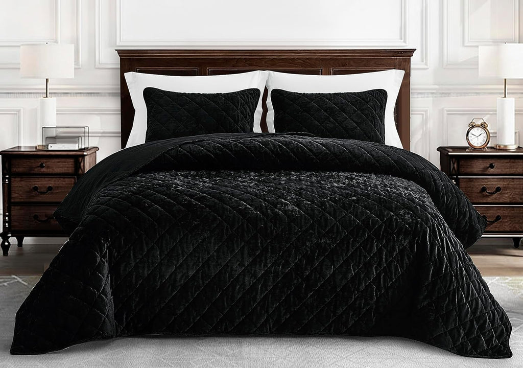 Chezmoi Collection Lux Black Velvet Quilt Oversized King Set, 3-Piece Plush Distressed Velvet Bedding All Season Lightweight Comforter Brushed Microfiber Reverse with Diamond Stitch Quilting