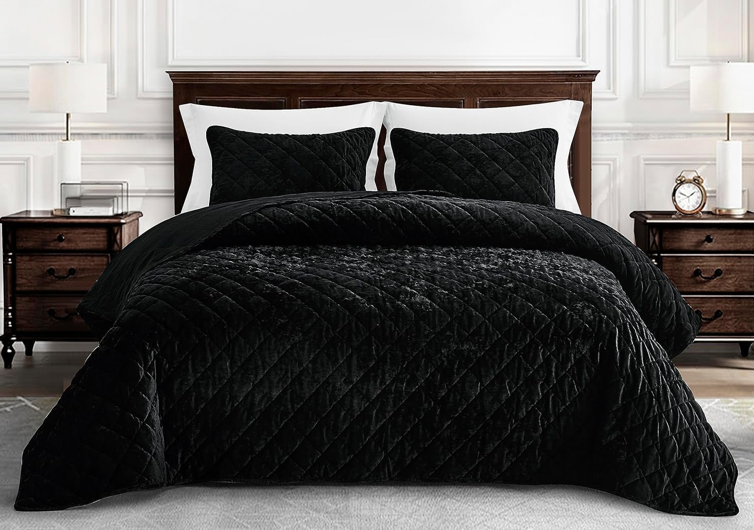 Chezmoi Collection Lux Black Velvet Quilt Oversized King Set, 3-Piece Plush Distressed Velvet Bedding All Season Lightweight Comforter Brushed Microfiber Reverse with Diamond Stitch Quilting