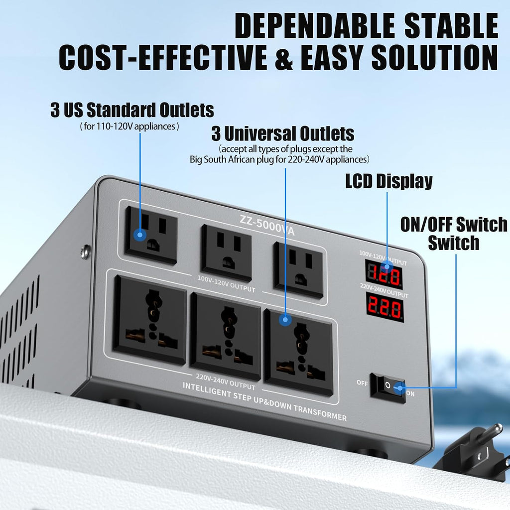 5000W Voltage Converter Transformer Step Up/Down 110V/120V to 220V/240V, Auto Voltage Recognition, Heavy Duty Power Converter with 6 Outlets, LCD Display & Circuit Breaker for Home, International Use