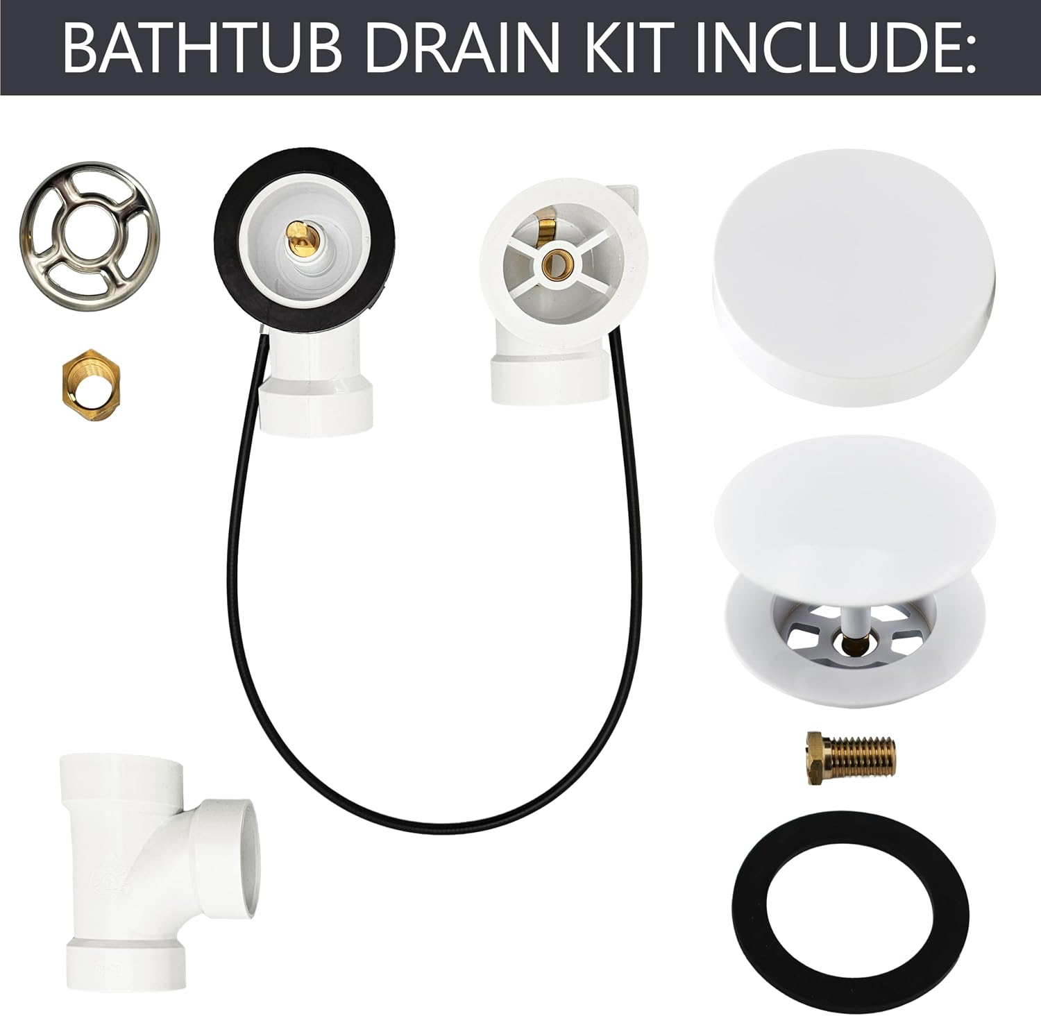 Westbrass D50P27SRE-50 27' Cable Drive Bathtub Drain Trim with Rotary Overflow Cover Knob, Pop-Up Stopper Sch. 40 PVC Fittings, Powder Coat White