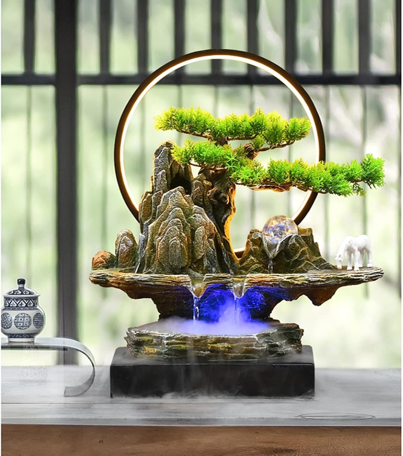 Tabletop Water Fountain Tabletop Water Fountain Rock Falls Fountains Indoor Waterfall Fountain Tabletop Fountains Chinese Artificial Bonsai Interior Decorations with LED Light Indoor Fountain(Small)