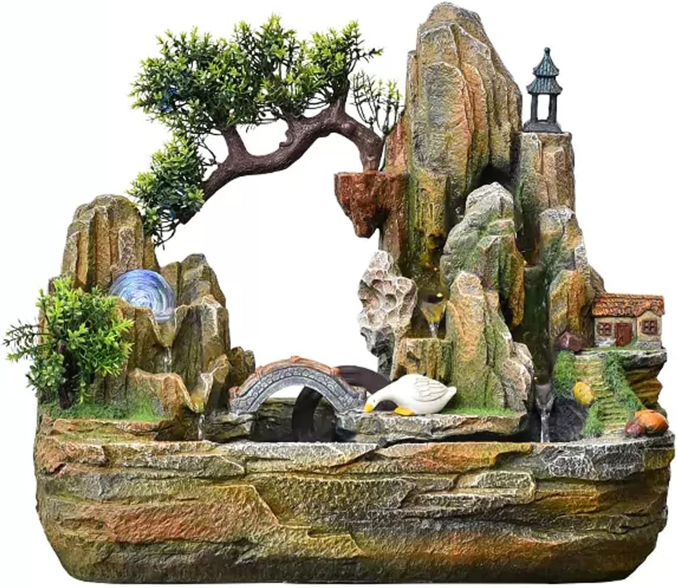 Desktop Fountain Indoor Fountain Tabletop Waterfall Rockery Fake Trees Relaxation Water Feature for Home and Office Spaces Decor(Small)