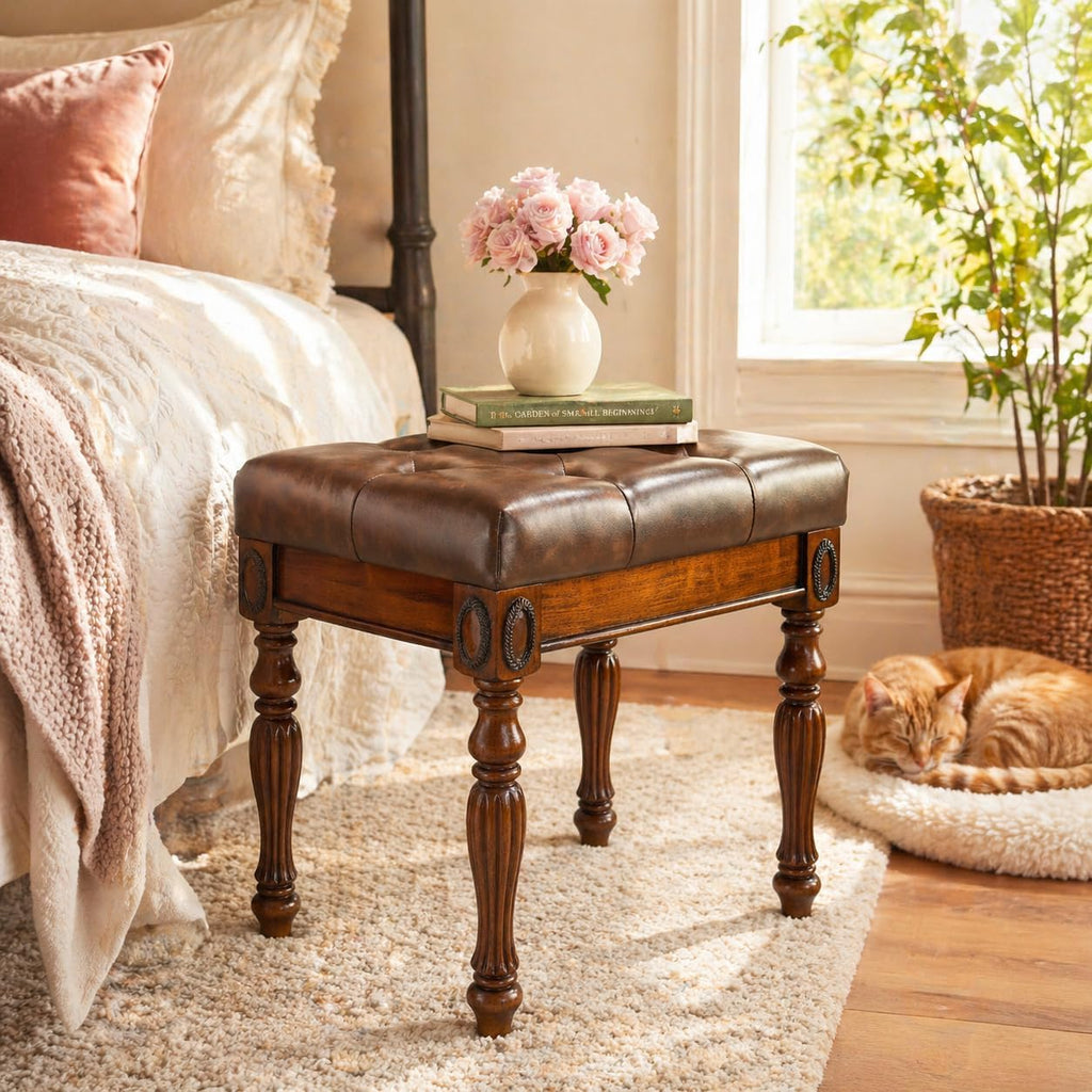 Solid Wood Vanity Bench Stool with Upholstered, Mid-Century Piano Bench with Carved Legs, Makeup Dressing Stools with Button Seat, No-Tools Assembly,18.5'L x 14.2'W x 19.1'H Brown FD-1533-BN