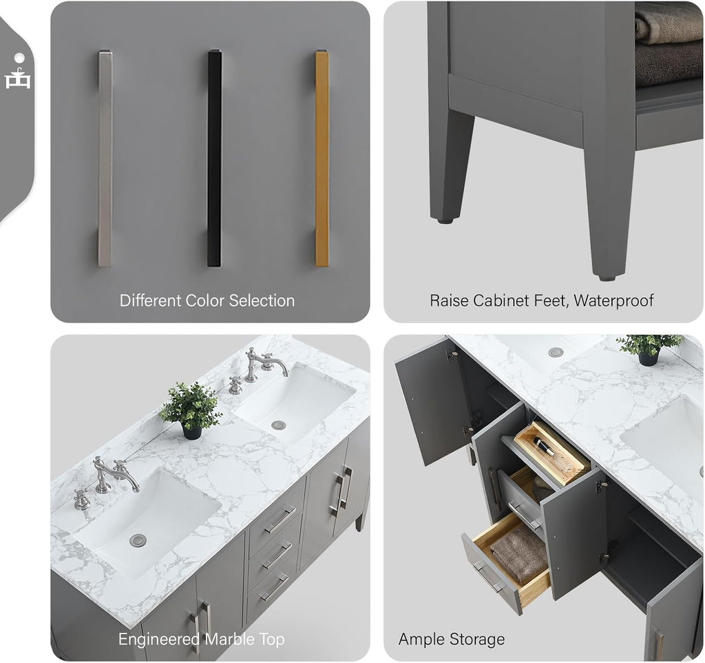 Vanity Art 60 inch Bathroom Vanity with Double Sink & Ceramic Top, Vanity Cabinet with Soft-Closing Doors, Drawers, Solid Wood Frame, Cashmere Gray,VA9060-DG-BN1