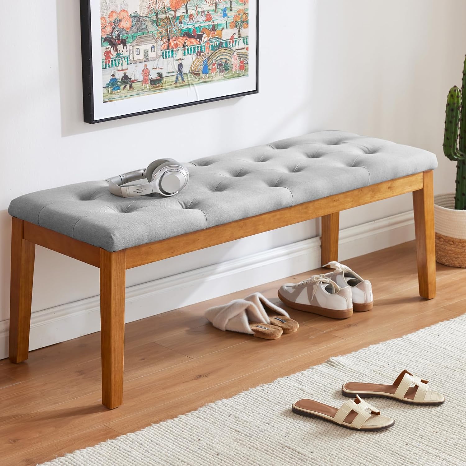 Ottoman Bench Upholstered Padded Seat with Solid Wood Legs and Button-Tufted, Big Oversized Ottoman, Linen Grey