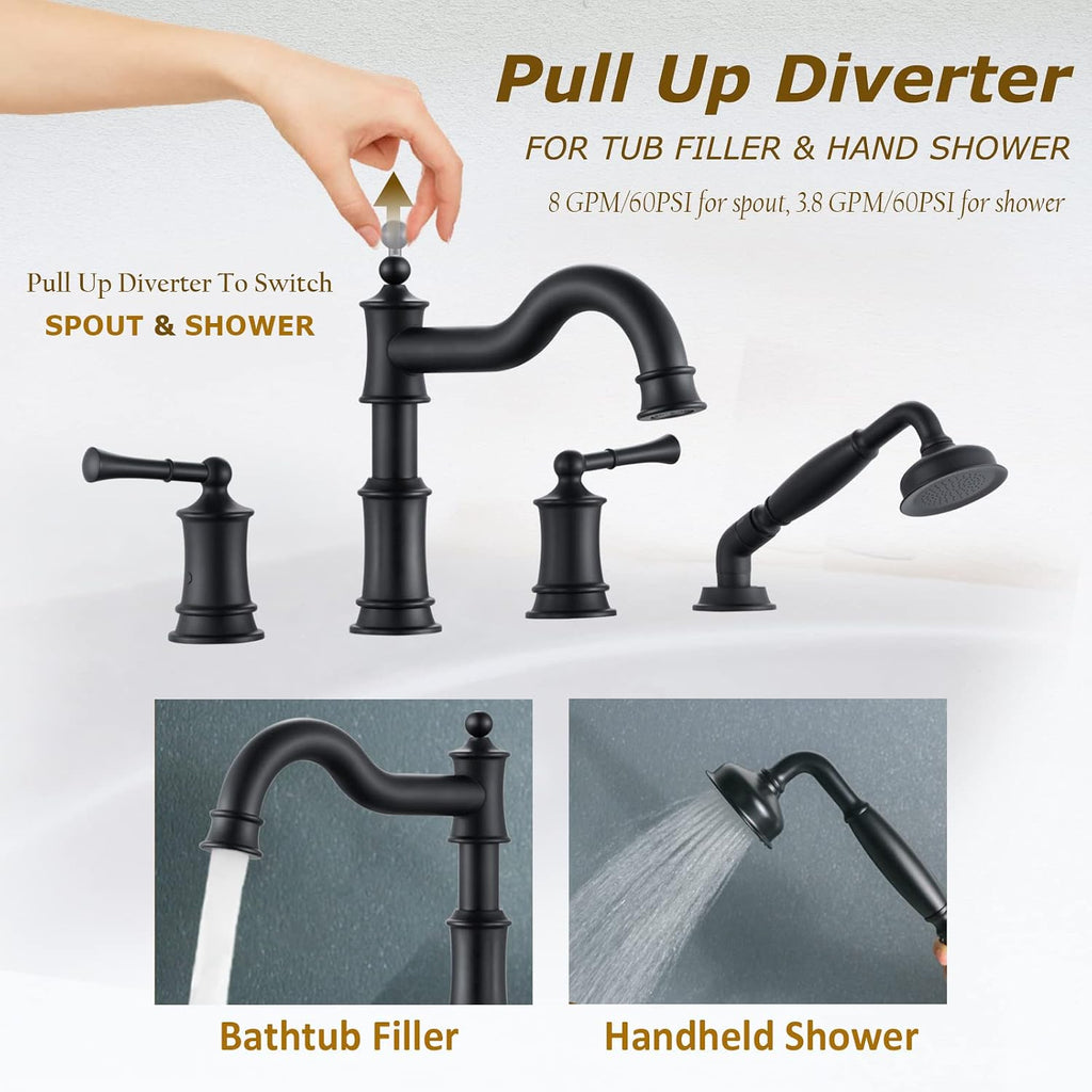 Roman Bathtub Faucet Set With Hand Shower 4 Hole Deck Mount Tub Filler With Diverter, 2 Lever Handle Rough-in Valve and Water Supply Lines Included for Bathroom Tub, Matte Black