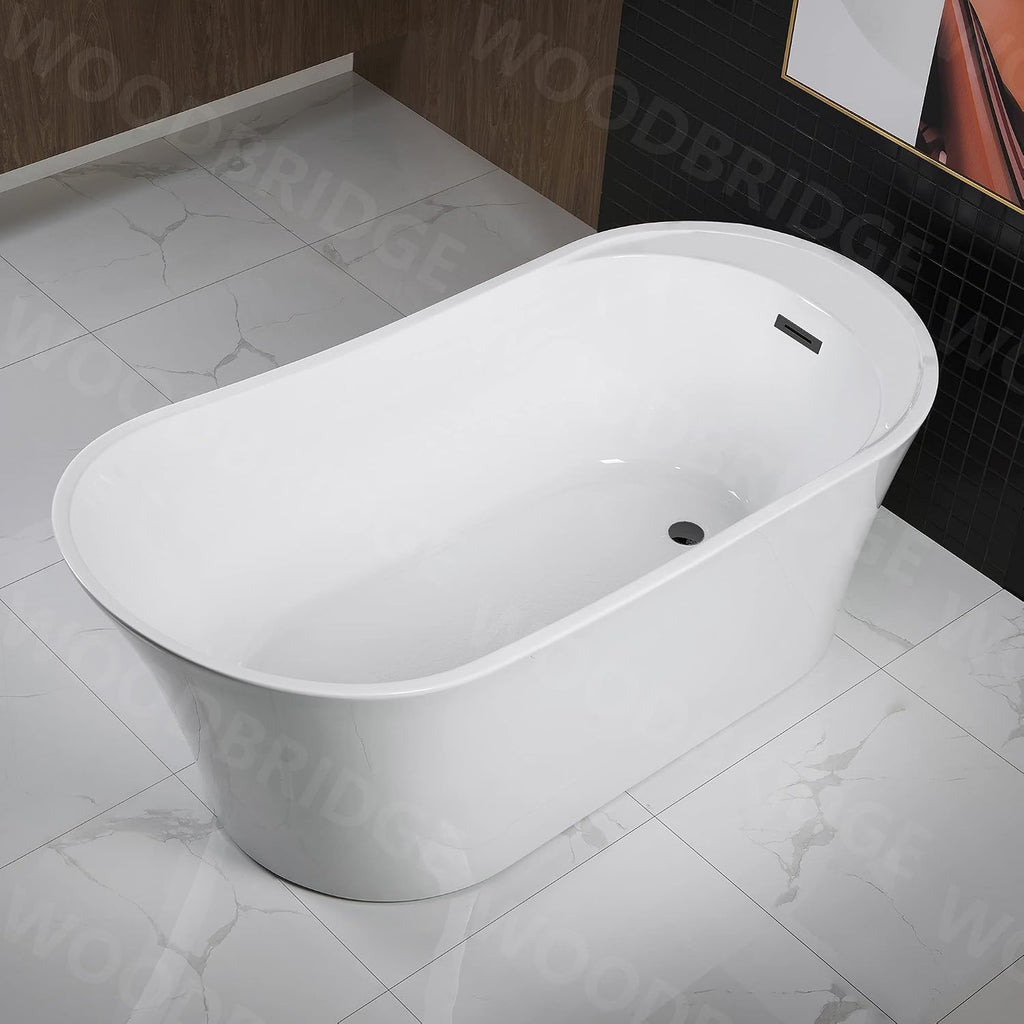 WOODBRIDGE 59' Acrylic Freestanding Bathtub Contemporary Soaking White Tub with Matte Black Overflow and Drain，B0083-MB-Drain&O