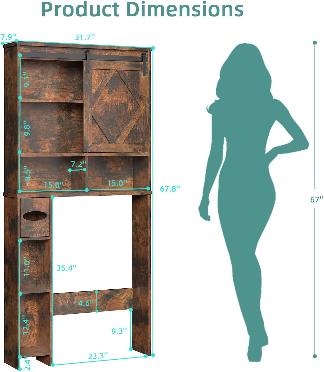 Over the Toilet Storage Cabinet with Farmhouse Sliding Barn Door, Above Toilet Organizer with Toilet Paper Holder Stand, Behind Toilet Shelf, Space Saver for Restroom, Bathroom, Laundry, Brown