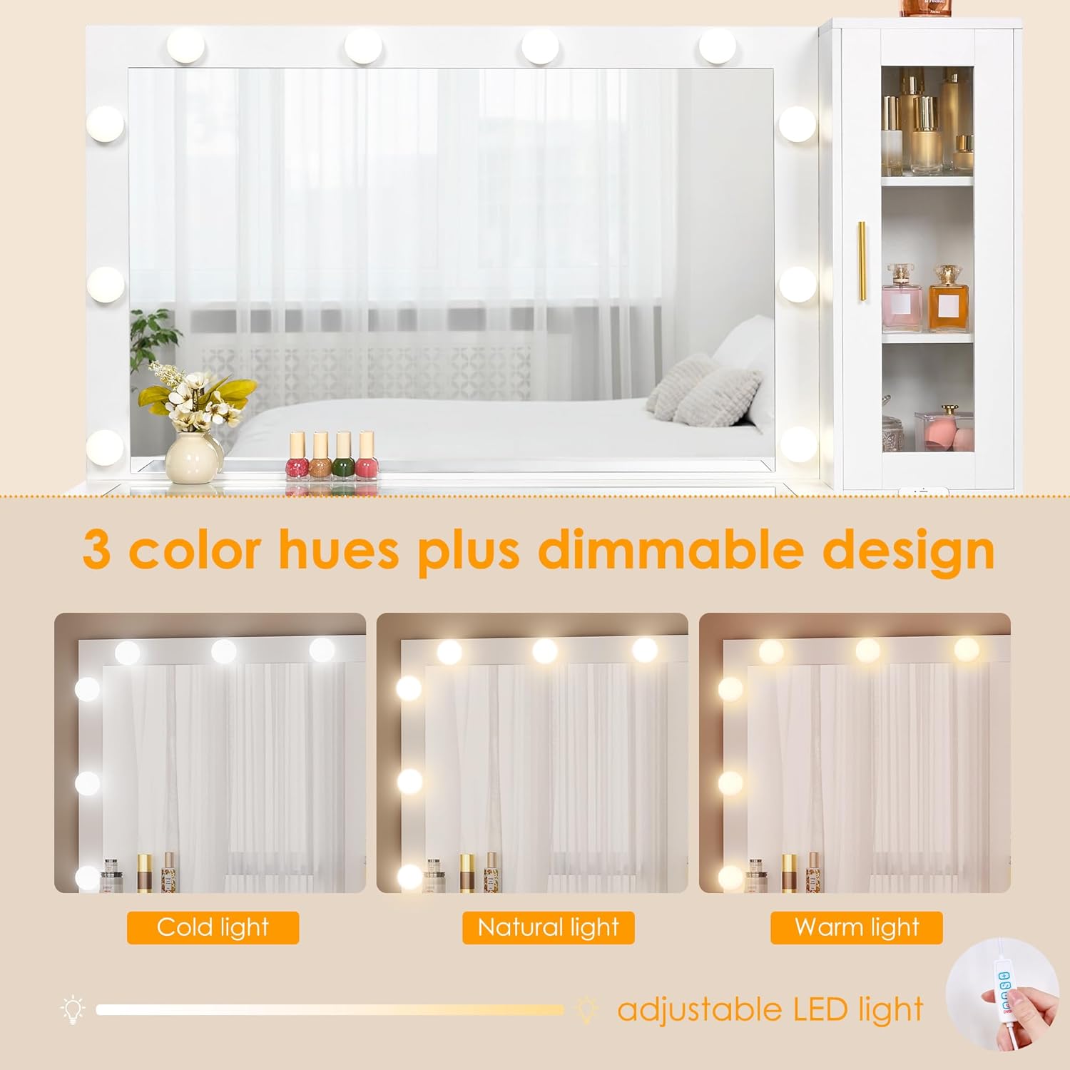 BEWISHOME 49.2' Large Vanity Desk with Mirror and Lights,White Makeup Vanity Table with Glass Top,Stool,Makeup Desk with Power Outlet,5 Drawers,Nightstand,Dressing Table for Bedroom Women FST34W