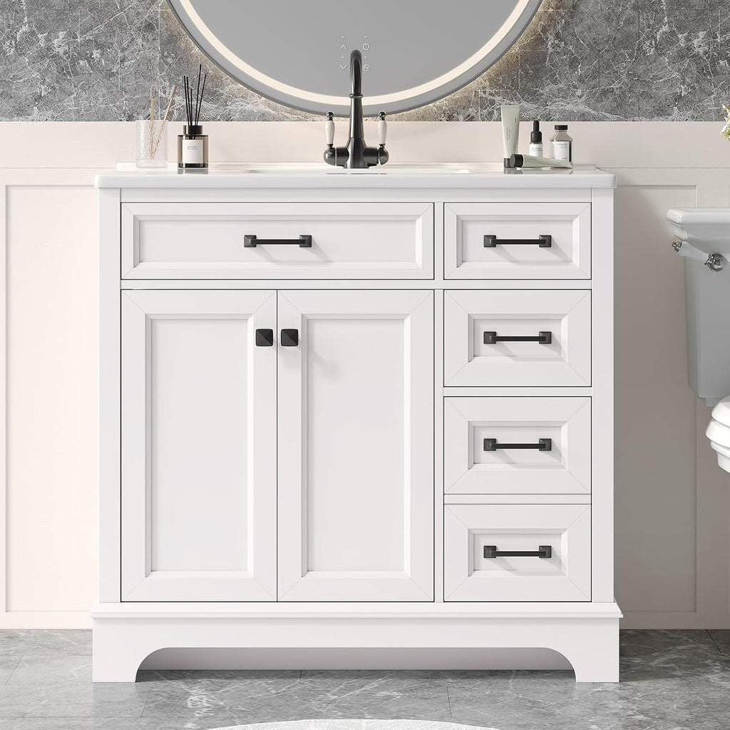 ONBRILL 36' Luxurious Bathroom Vanity with Ceramic Sink, Modern Freestanding Bathroom Single Sink Vanities Cabinet with 2 Soft Closing Doors & 2 Drawers, Adjustable Shelf & Paint Surface (White)
