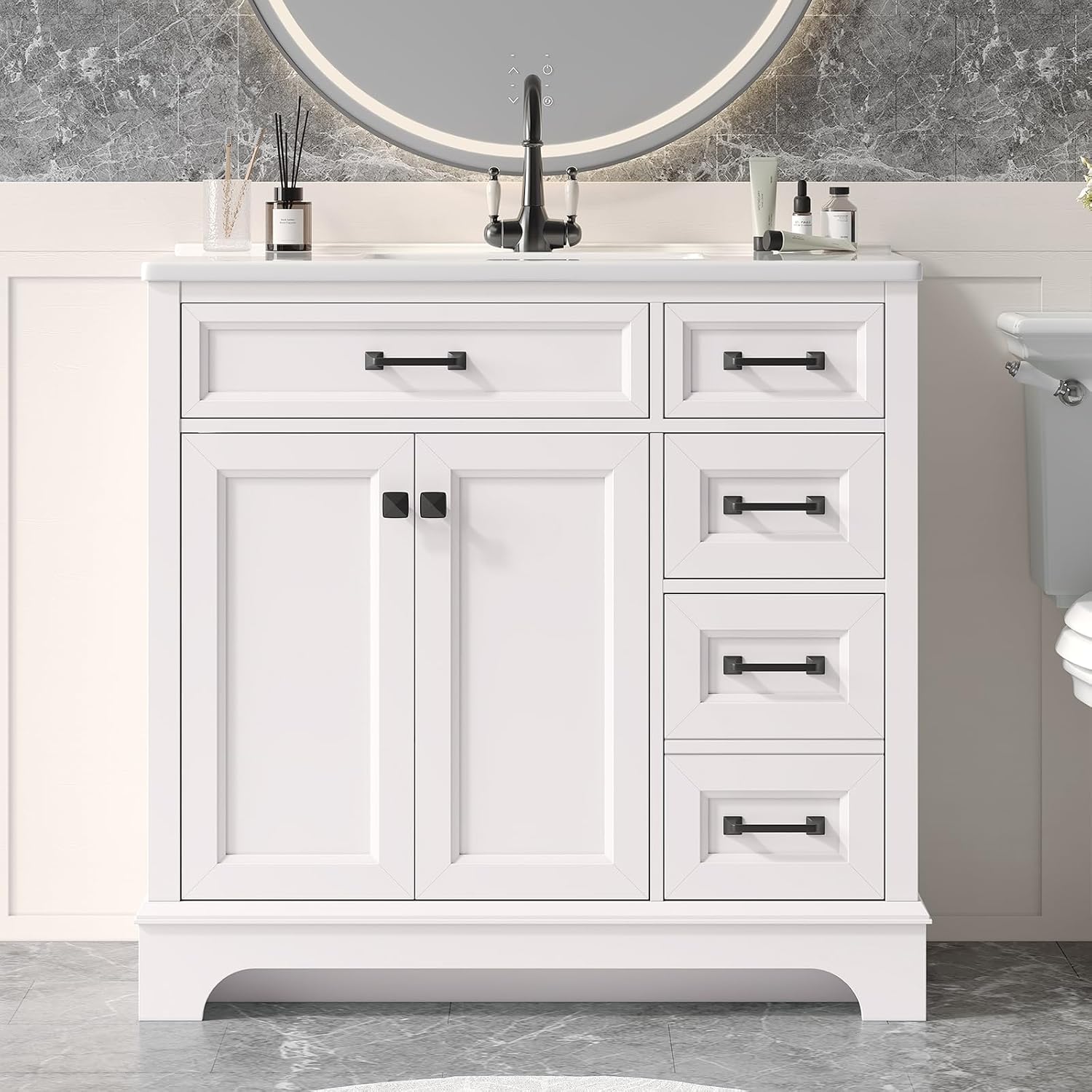 ONBRILL 36' Luxurious Bathroom Vanity with Ceramic Sink, Modern Freestanding Bathroom Single Sink Vanities Cabinet with 2 Soft Closing Doors & 2 Drawers, Adjustable Shelf & Paint Surface (White)