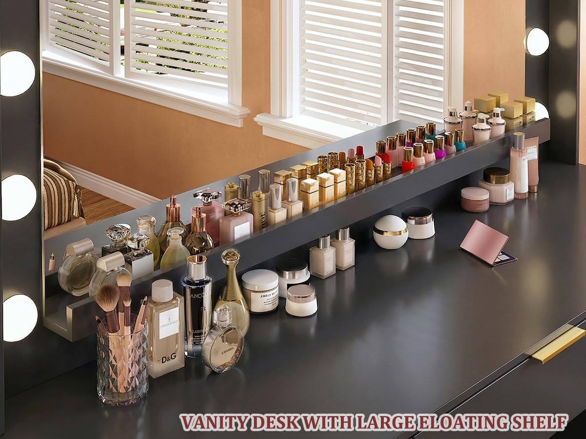 ALEXNUTRE Vanity Desk with Mirror and Lights, 45.3in Makeup Vanity with 7 Drawers & Large Mirror, Vanity with 3-Color Adjustable Lighting & Charging Station, Make Up Vanity for Bedroom