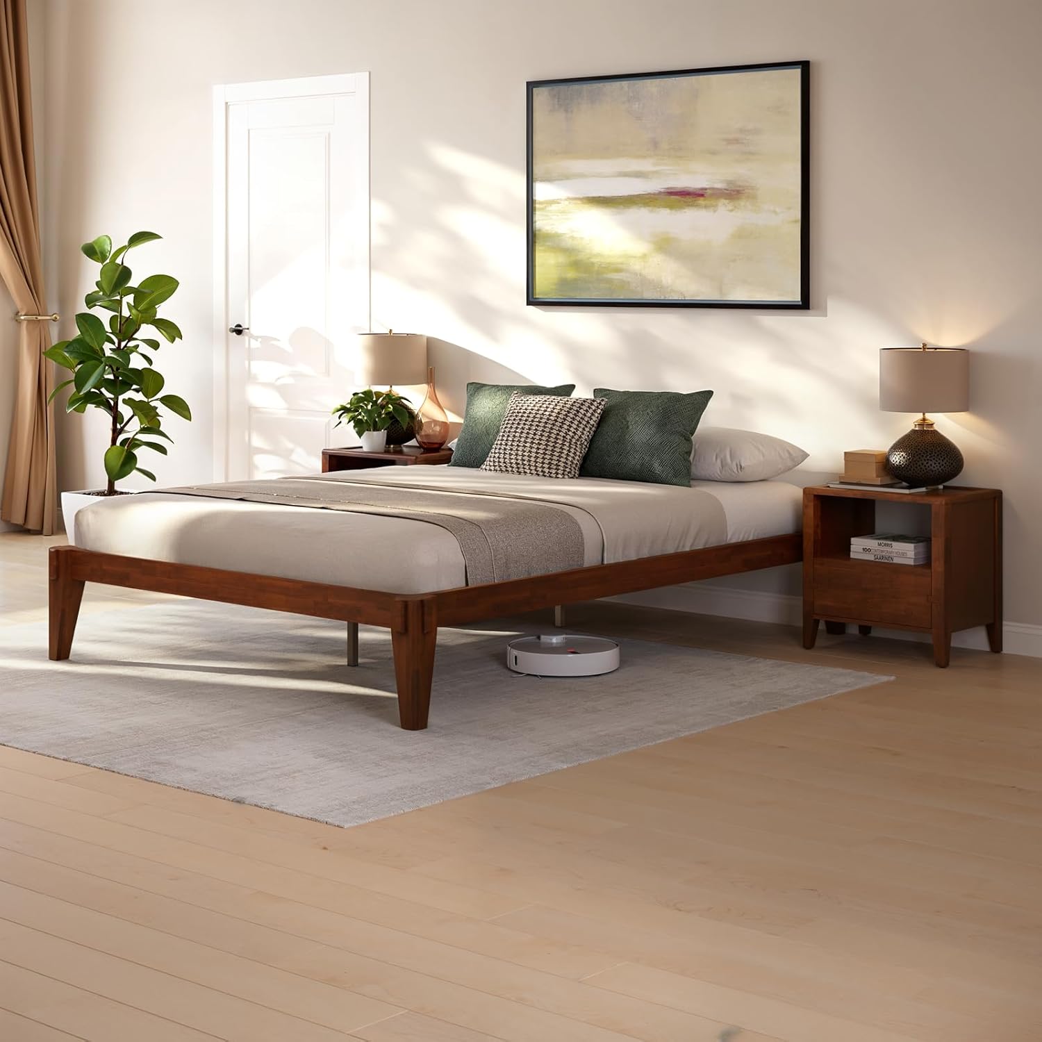 Bme Chalipa 14' Queen Bed Frame - Solid Wood Platform Bed - Japanese Joinery Bed Frame - Wood Slat Support - No Box Spring Needed - Minimalist & Modern Style, Walnut