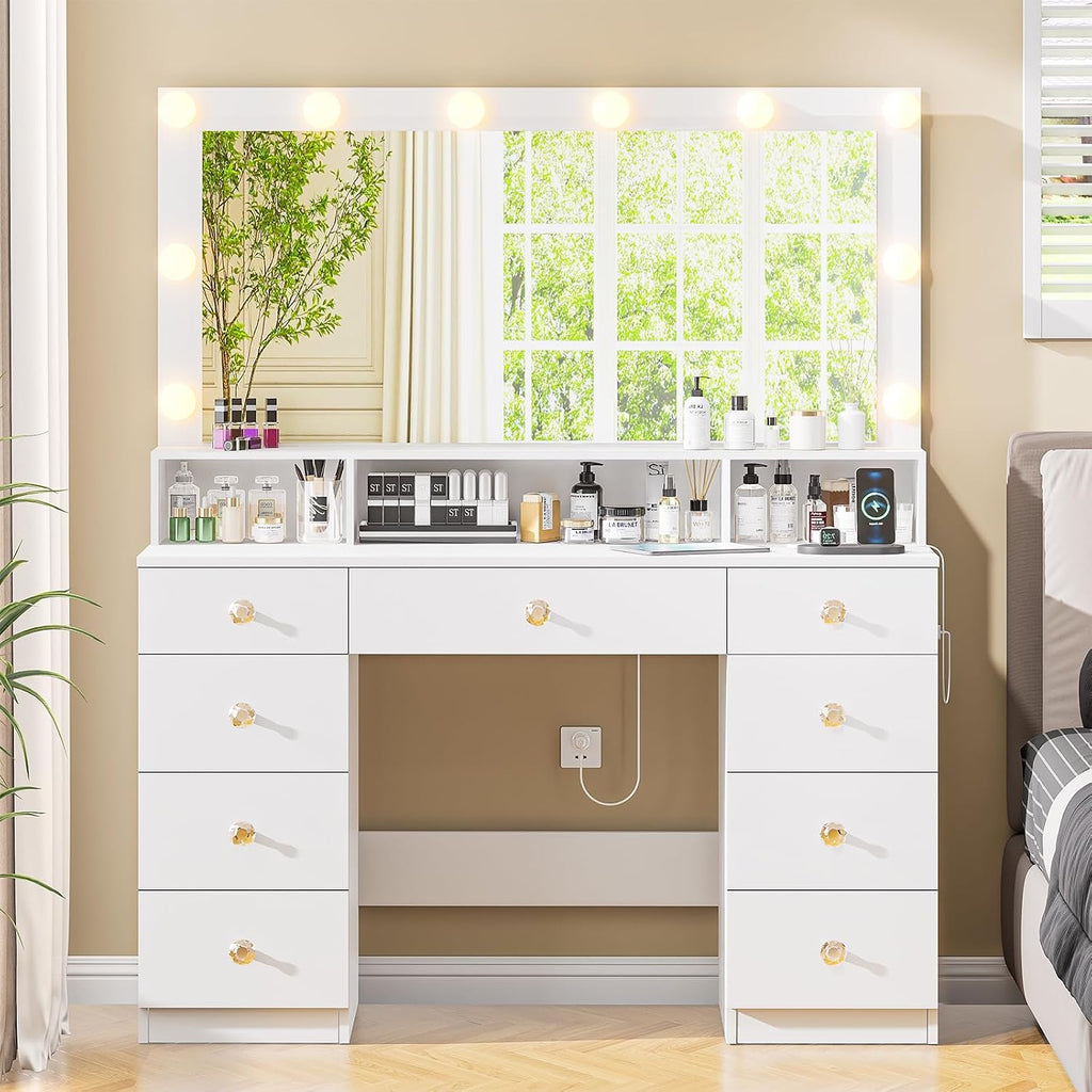 White Vanity with Lighted Mirror, Makeup Vanity Desk with Power Outlet, 9 Drawers & Shelf Storage, 43.3' Large Vanity Desk, Women Girls Vanity Dressing Table for Bedroom Bathroom