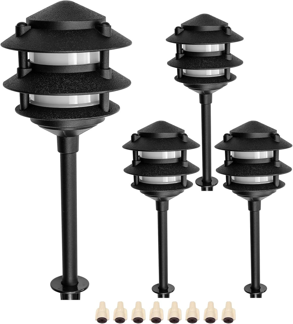 Lumina Lighting® Low Voltage Landscape Lighting Cast-Aluminum Pagoda Path and Area Light Warm White 4W G4 LED Bulb and ABS Ground Stake Included for Yard Walkway Lawn PAL0103-BKLED4 (Black,4-Pack)