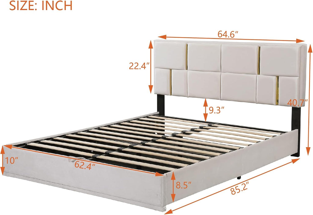 Queen Size Hydraulic Lift Up Storage Bed Frame with Storage Bench, Velvet Upholstered Platform Beds with Headboard, Two Piece Bedroom Sets, Wooden Slats Support, No Box Spring Needed (Beige)