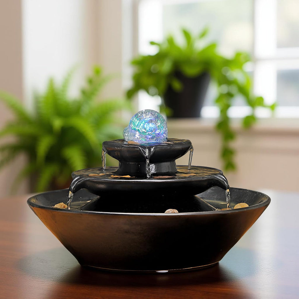 11.8' Indoor Tabletop Fountain, Ceramic Multi-Tier Waterfall with Crystal Ball & Fish Tank Feature, Free 10pcs Natural Crystals, Zen Home/Office/Entryway Decor, Housewarming Gift(Black)
