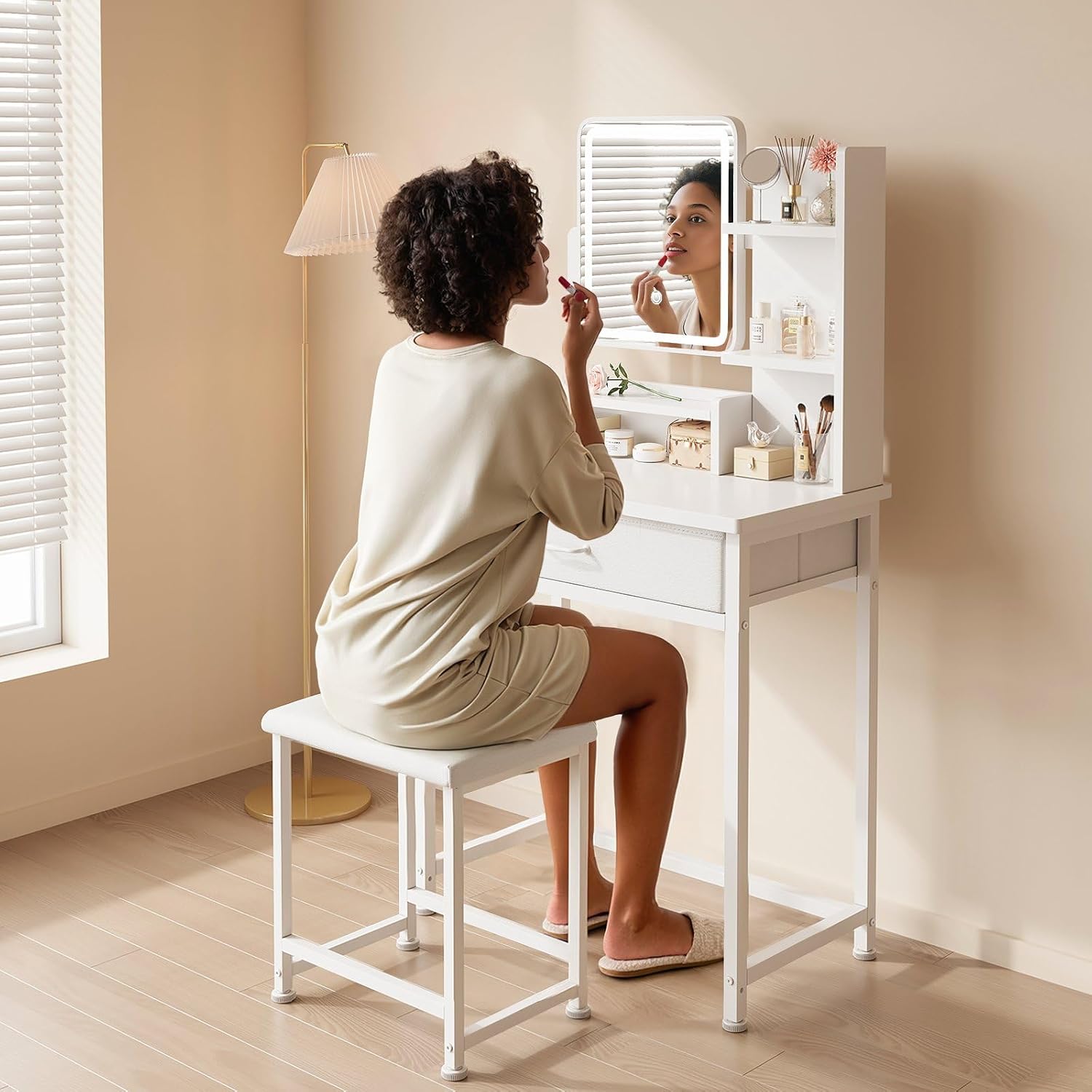 YeTom Makeup Vanity Desk with Mirror and Lights, Small Vanity with Fabric Storage Drawer & Chair & Shelves, White Compact Makeup Vanity Set for Bedroom