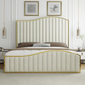 HOWE Queen Size Harp Bed Frame with 61.4' Extra Tall Curved Headboard, Velvet Upholstered Platform Bed with Gold Trim Accented Footboard, No Box Spring Needed, Wooden Slat Support, Cream