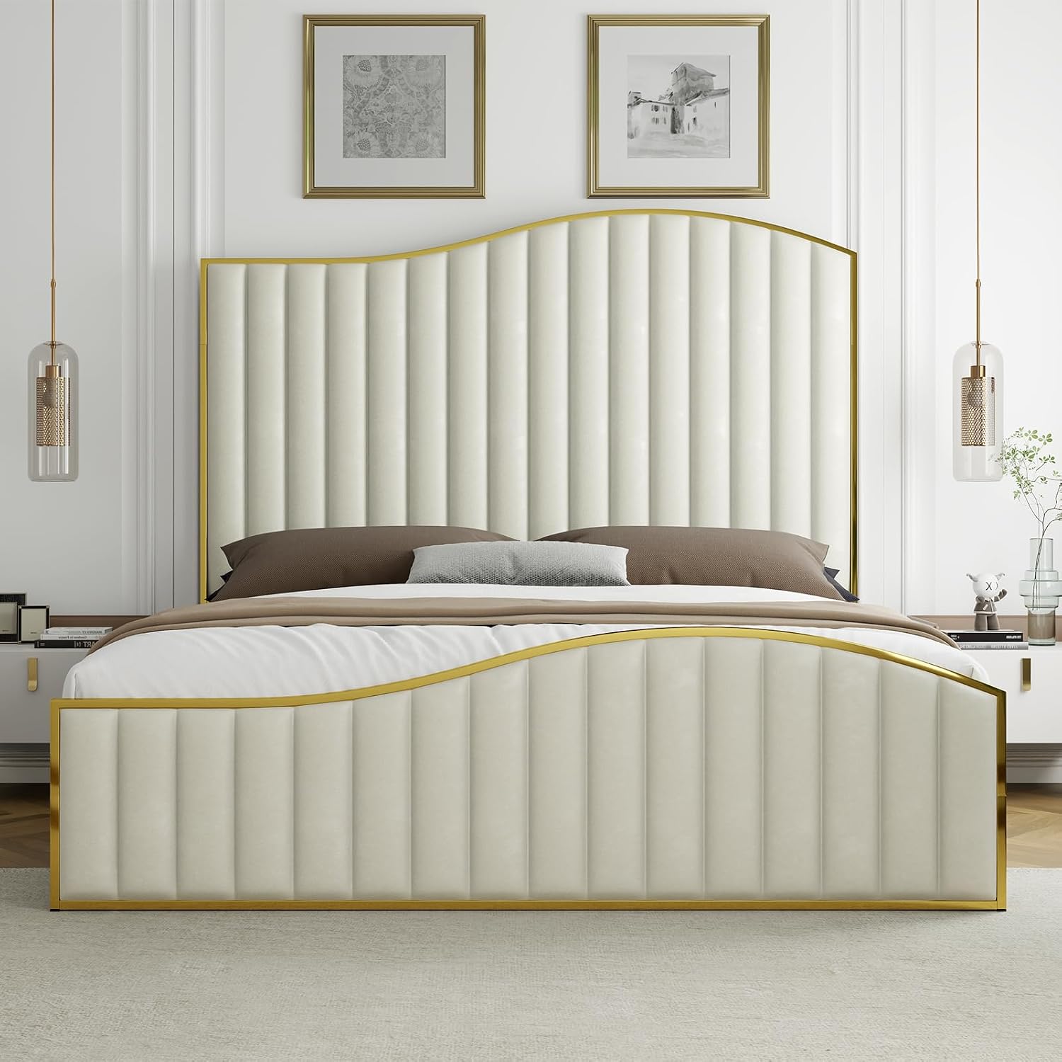 HOWE Queen Size Harp Bed Frame with 61.4' Extra Tall Curved Headboard, Velvet Upholstered Platform Bed with Gold Trim Accented Footboard, No Box Spring Needed, Wooden Slat Support, Cream