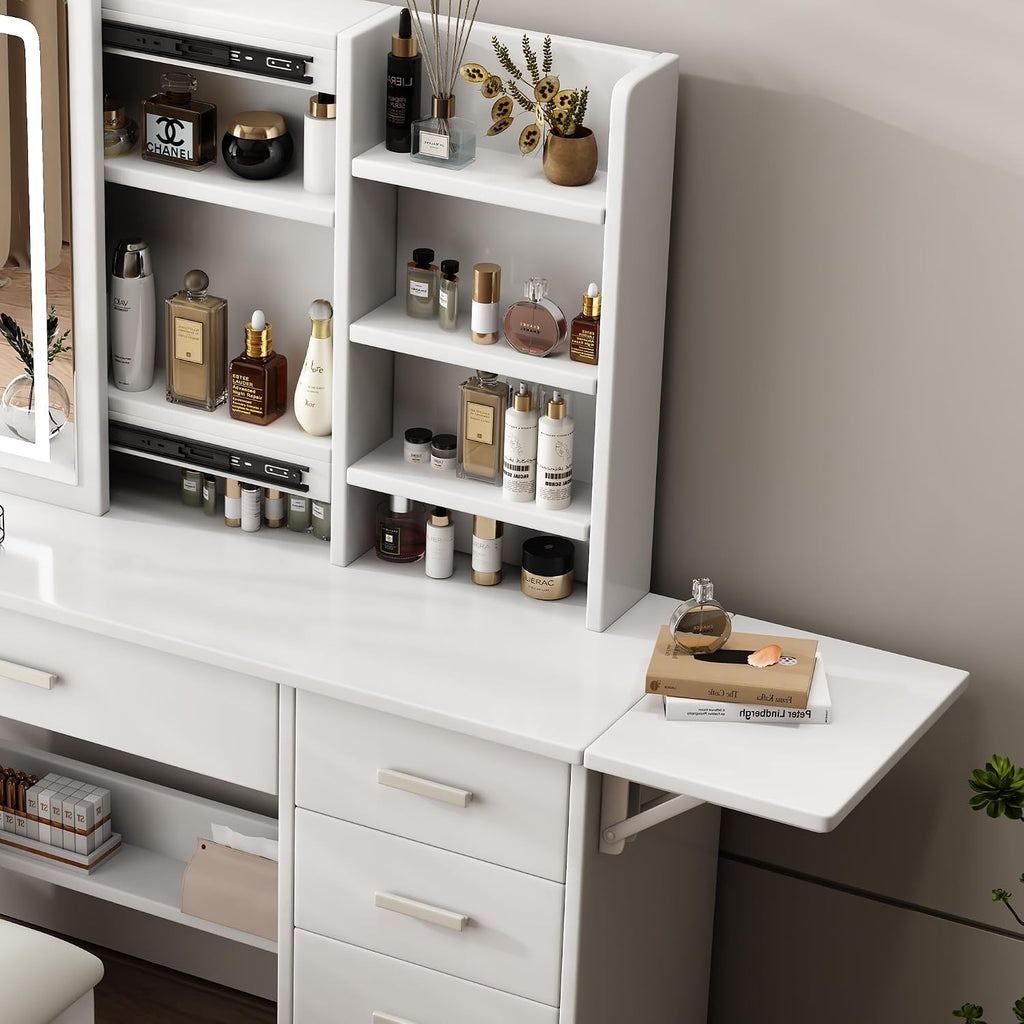 Runboll Vanity Desk with Mirror and Lights, Makeup Vanity Table Set with Chair, 5 Drawers, Open Shelves, Adjustable 3-Color LED Lighted Mirror, Bedroom Dressing Table for Women