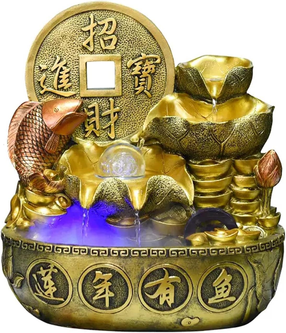 Tabletop Fountain Indoor Fountain Chinese Style Tabletop Waterfall Fountains Relaxation Water Feature Feng Shui Desktop for Home and Office Decor, Gold(Large)