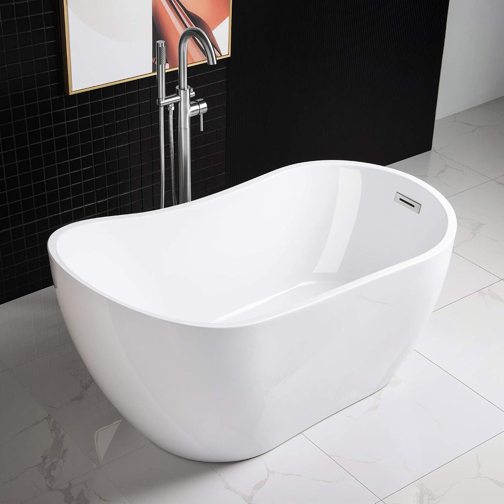 WOODBRIDGE 54' Acrylic Freestanding Bathtub Contemporary Soaking White Tub with Chrome Overflow and Drain，B0006 -C-Drain &O