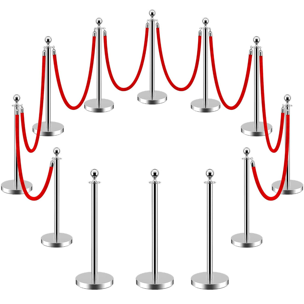LOVMOR Crowd Control Stanchion, 12Pcs Silver Stanchion Posts Queue with 8pcs 5 ft/1.5 m Red Velvet Rope, Rope Barriers Crowd Control Barriers Queue Line for Hotel Theater Party Supplies
