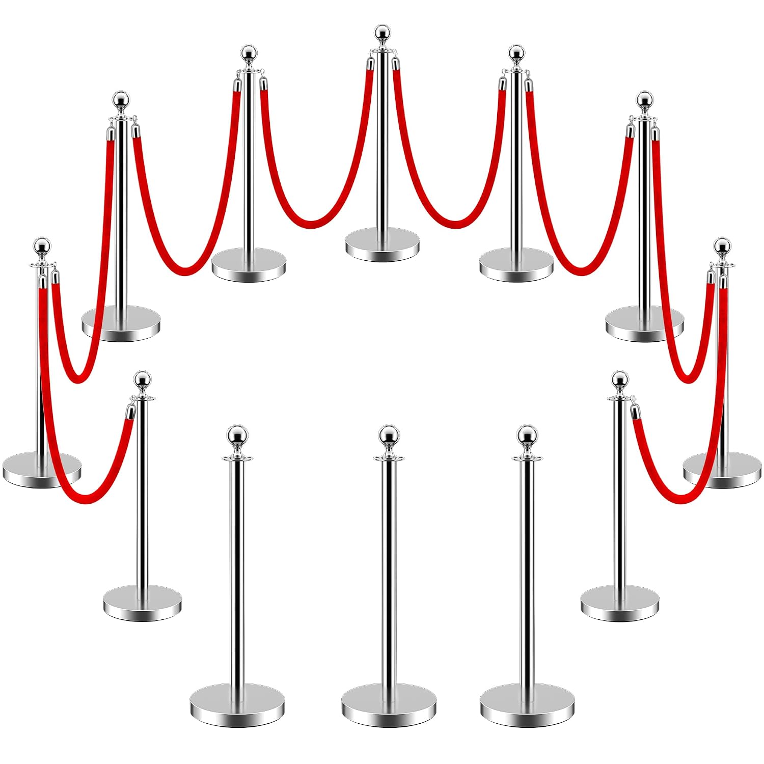 LOVMOR Crowd Control Stanchion, 12Pcs Silver Stanchion Posts Queue with 8pcs 5 ft/1.5 m Red Velvet Rope, Rope Barriers Crowd Control Barriers Queue Line for Hotel Theater Party Supplies