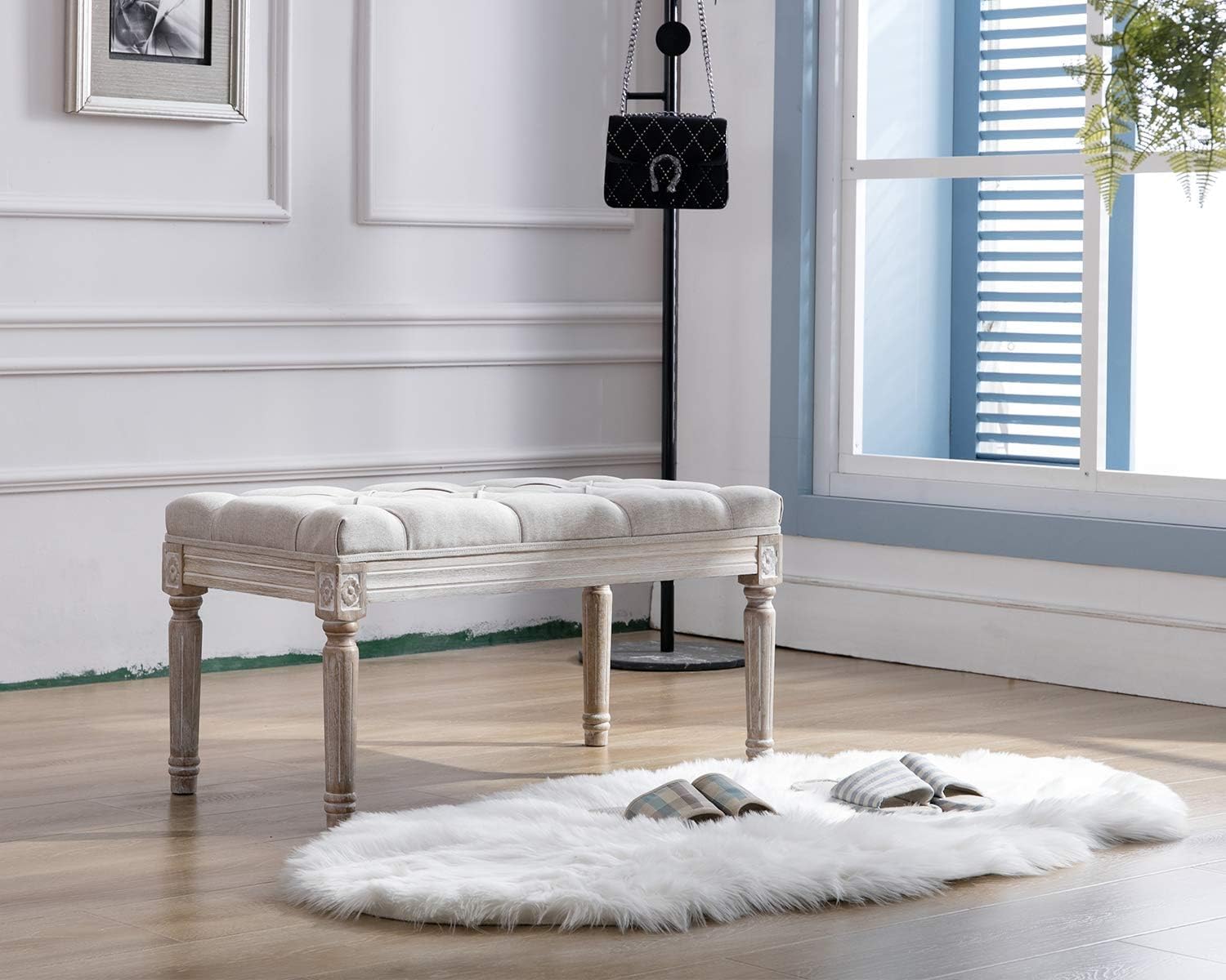 Kmax Tufted Entryway Bench, Upholstered Rustic Ottoman Bench, 31.5' x 15.75' x 15.7' Beige