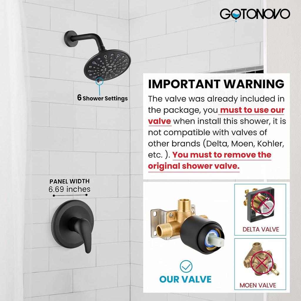gotonovo Waterfall 8 inch Widespread Bathroom Faucet with gotonovo Shower Faucet Set Complete 6 Settings 6 inch Rainfall Shower Head Kit Matte Black