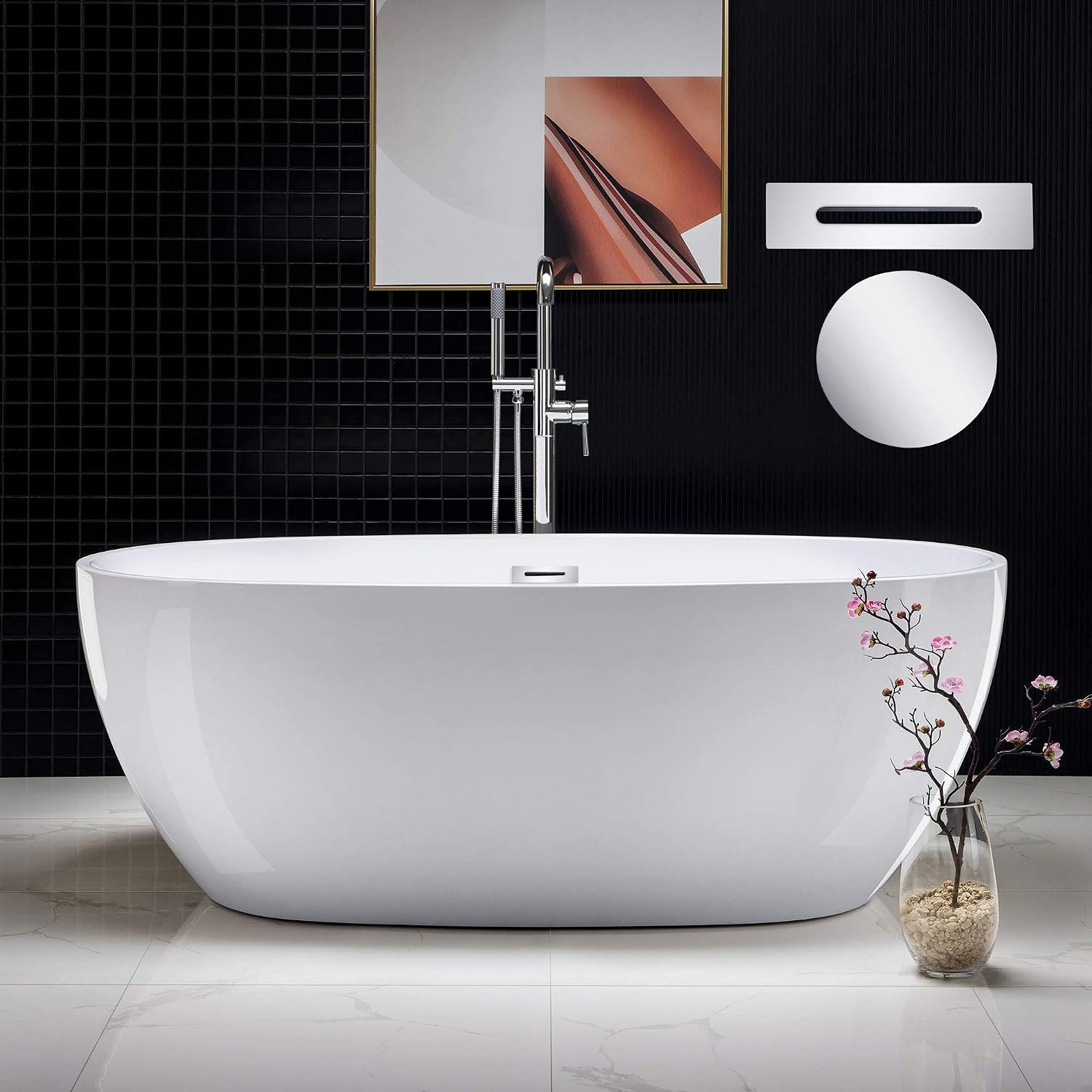 WOODBRIDGE 67' Acrylic Freestanding Bathtub Contemporary Soaking White Tub with Chrome Overflow and Drain，BTA1528-C