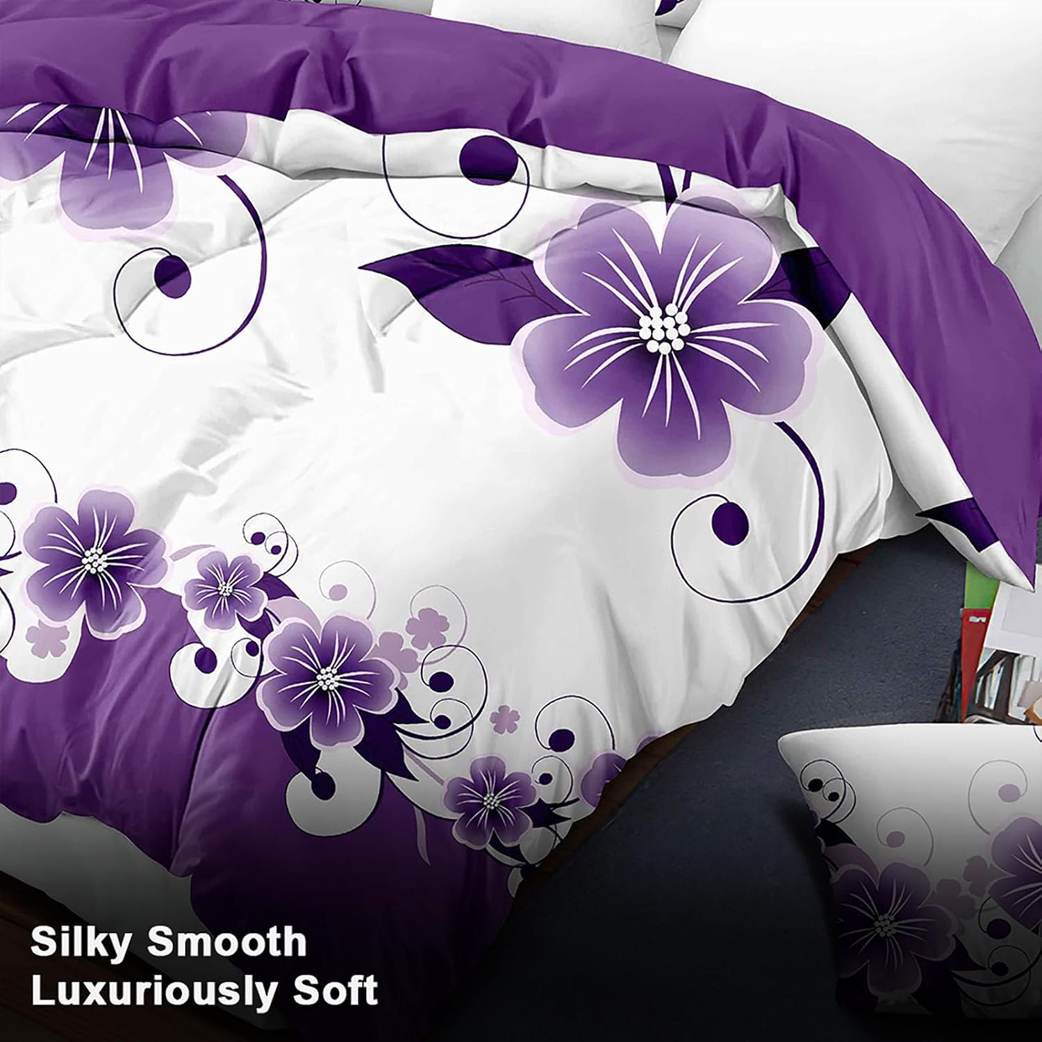 XinYunKeJiShop Reylox 9-Piece Cal King Comforter Set with Curtains | Purple Floral | Microfiber RV & Elegant Living