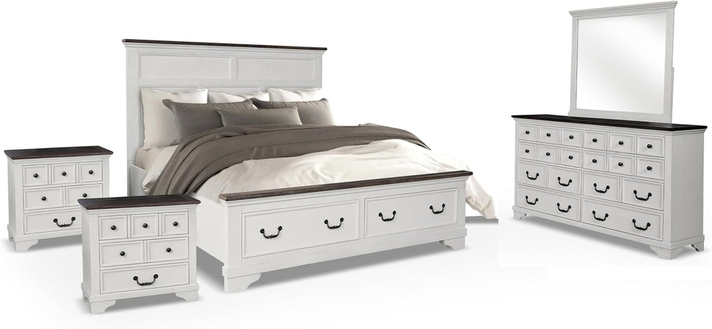 Furniture of America Roden Modern Solid Wood 5-Piece Bedroom Set with Storage Footboard, USB Chargers on Nightstand, Drop Handle Pulls, No Box Spring Needed, King, White