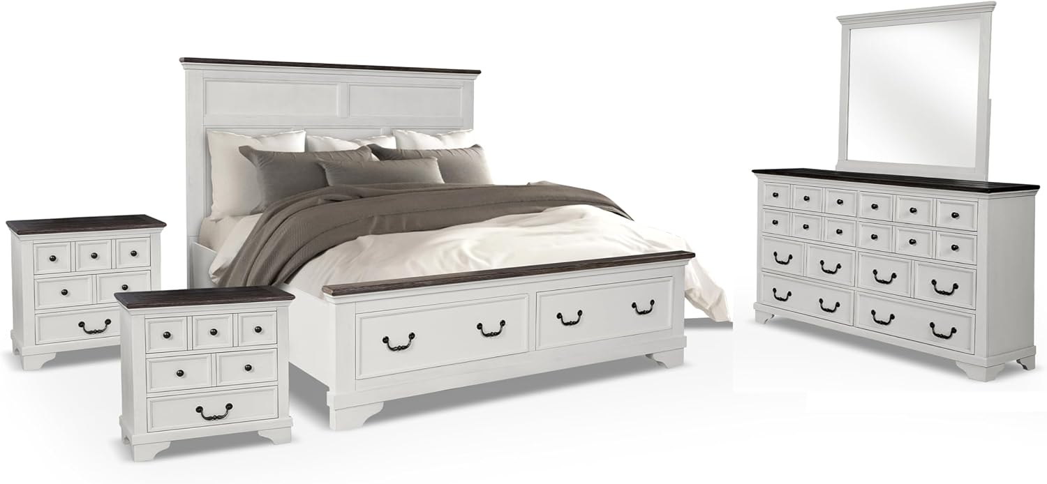 Furniture of America Roden Modern Solid Wood 5-Piece Bedroom Set with Storage Footboard, USB Chargers on Nightstand, Drop Handle Pulls, No Box Spring Needed, King, White