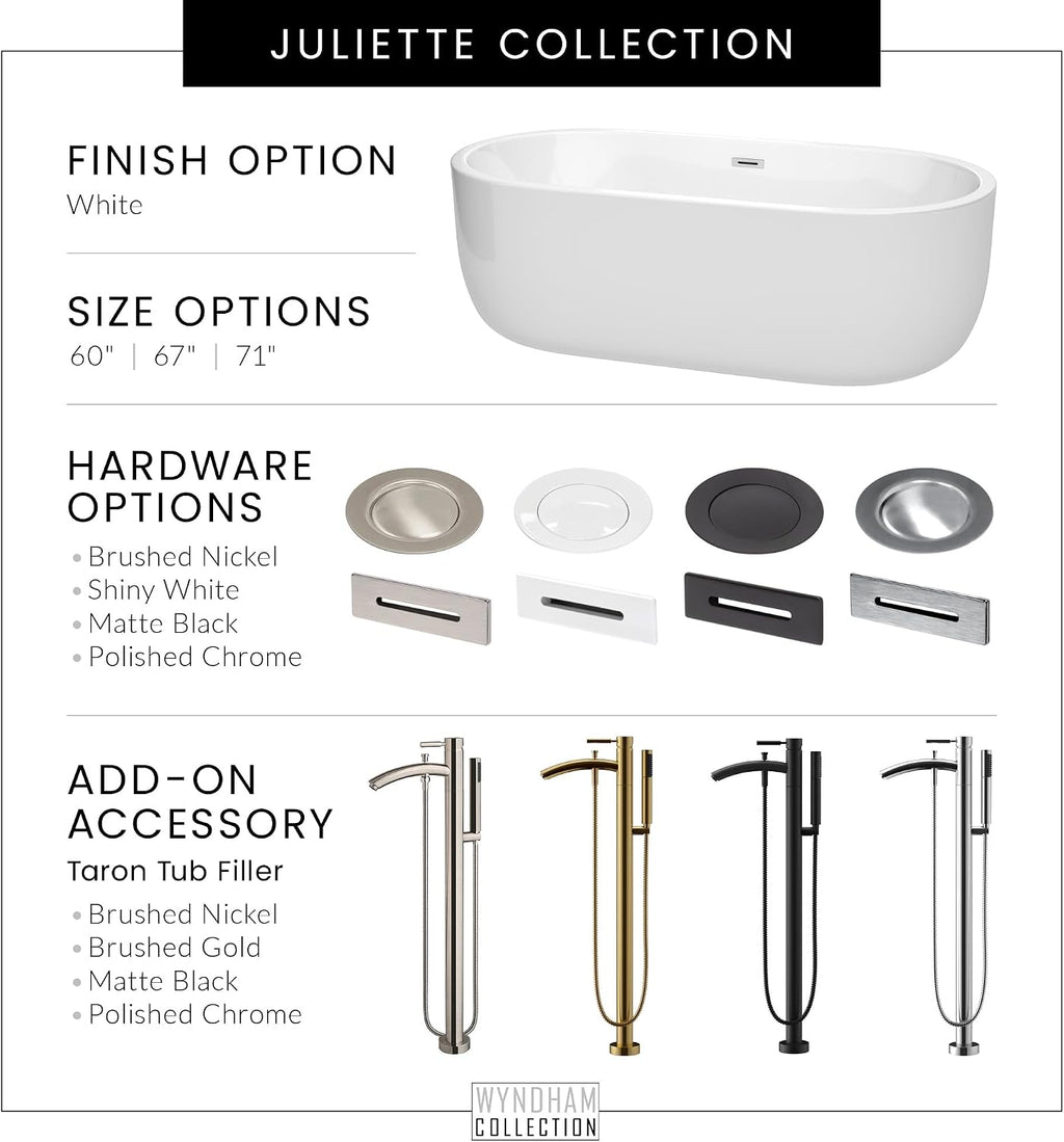 Juliette 60 inch Freestanding Bathtub in White with Polished Chrome Drain and Overflow Trim