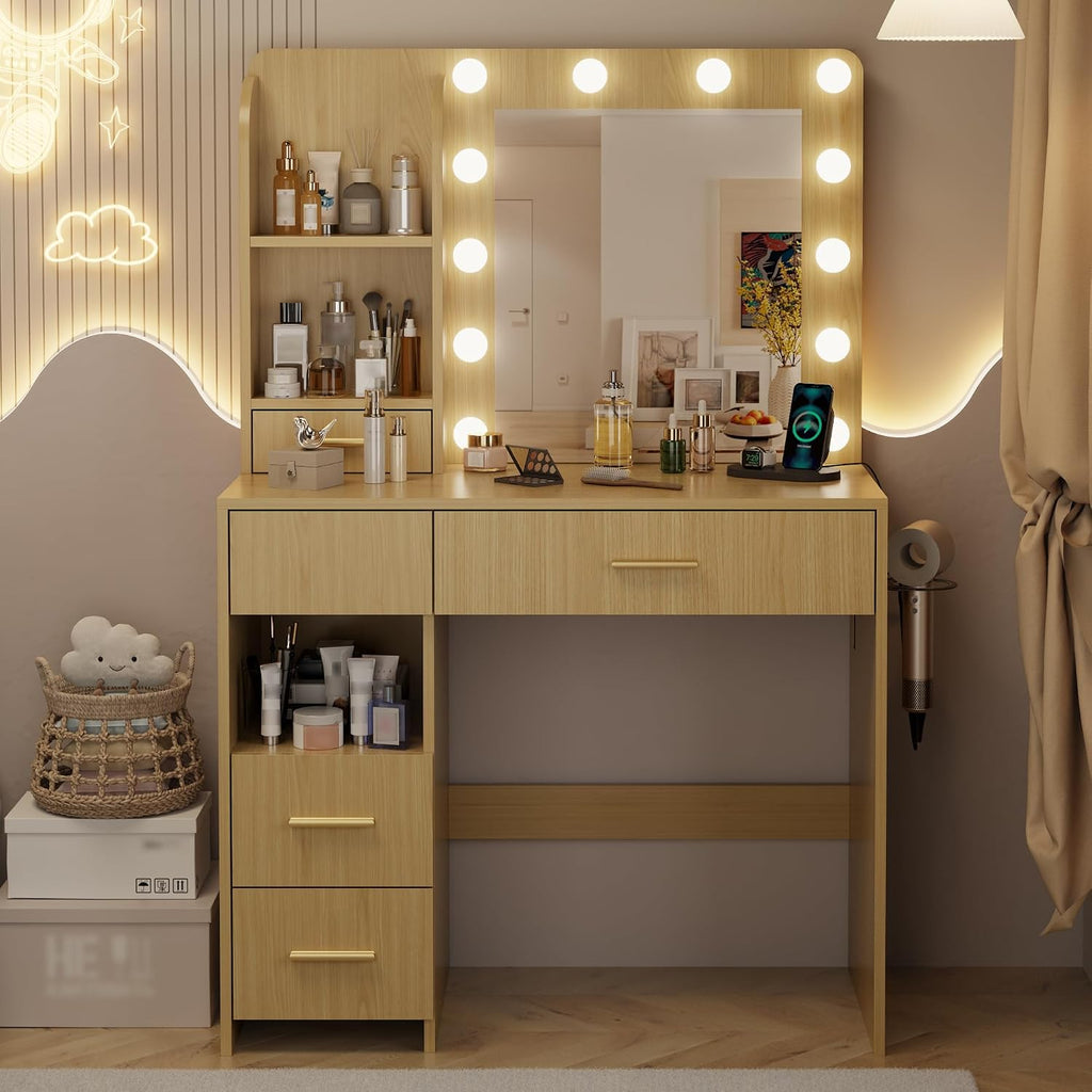 Otterease Vanity Desk with LED Lighted Mirror&Power Outlet, 3 Lighting Colors Makeup Vanity with 5 Large Drawers and 3 Storage Shelves, White Vanity with Storage Stool for Bedroom, Natural(no Stool)