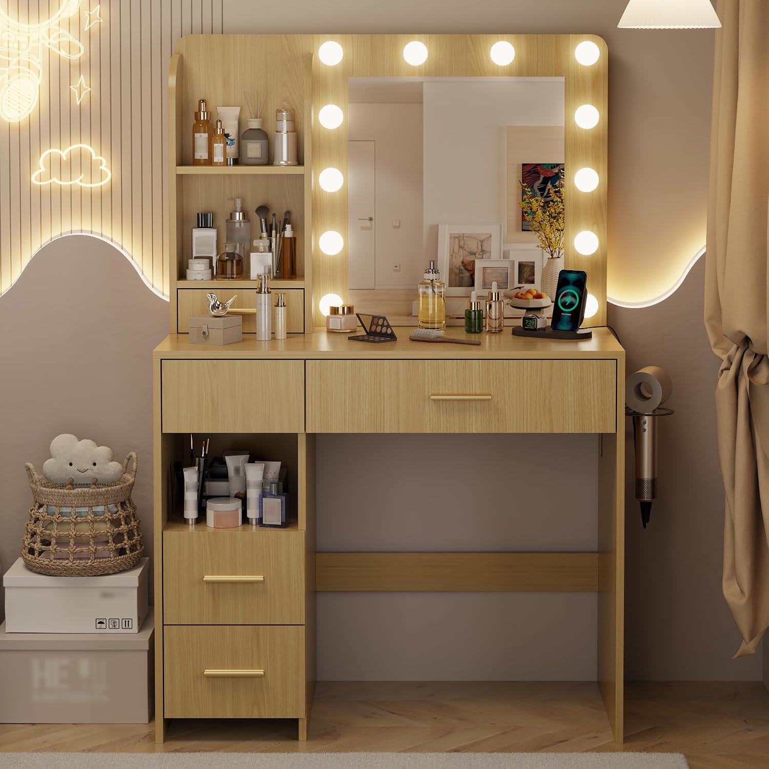 Otterease Vanity Desk with LED Lighted Mirror&Power Outlet, 3 Lighting Colors Makeup Vanity with 5 Large Drawers and 3 Storage Shelves, White Vanity with Storage Stool for Bedroom, Natural(no Stool)