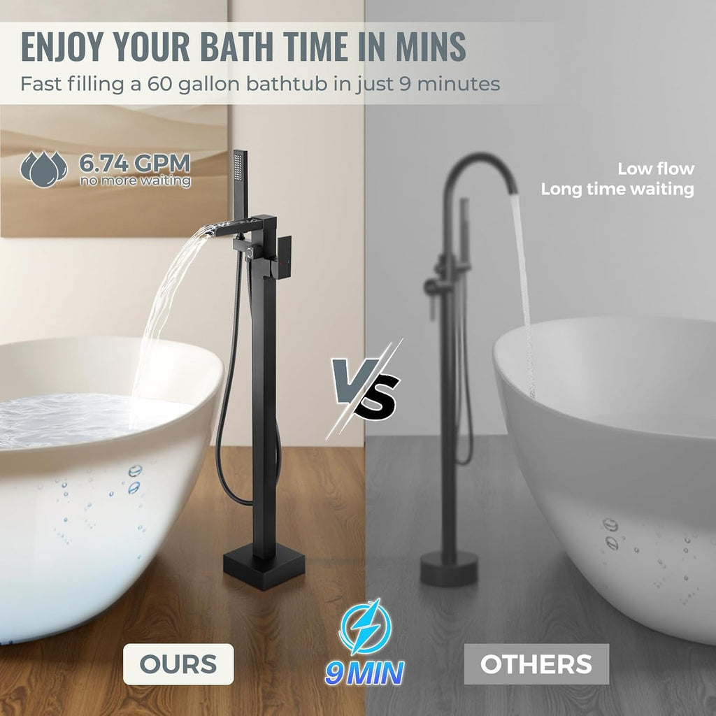Freestanding Tub Faucet Matte Black: ALEASHA High Flow Max 6.74 GPM Free Standing Tub Filler - Brass Modern Floor Mount Bathtub Faucet with Handheld Shower, for the Ultimate Elegant SPA Experience
