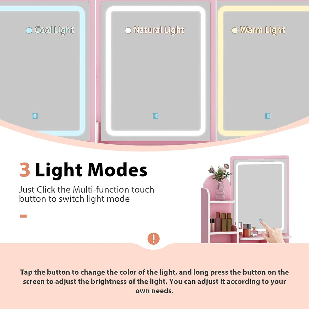 FUFU&GAGA Vanity Set with Rectangular Mirror & Lights, Makeup Vanity Dressing Table with 5 Drawers, Shelves, Dresser Desk and Cushioned Stool Set (Pink/Lighted Mirror)