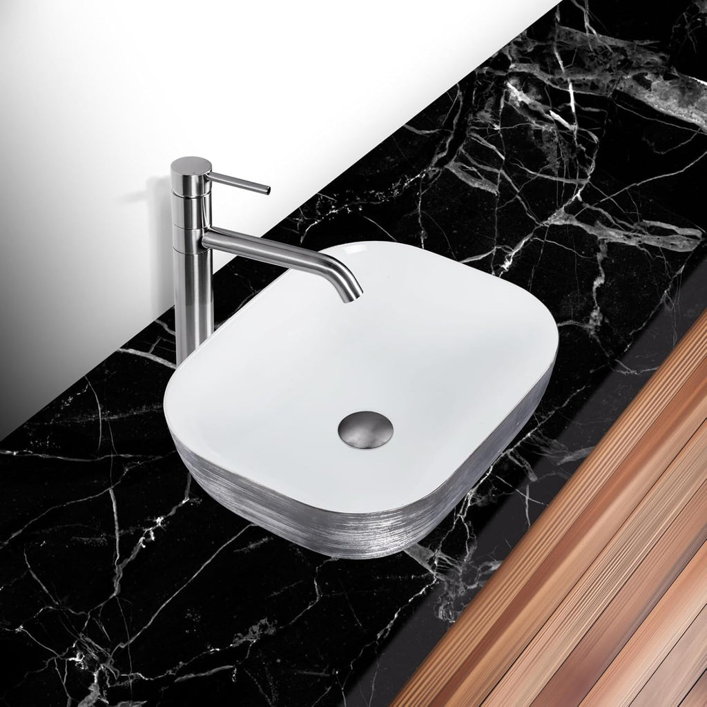 Strictly Sinks 19 Inch Bathroom Vessel Sink – Rectangular Silver & White Porcelain Countertop Bathroom Sink – Easy to Install Above Counter Luxurious Vessel Sink for Bathroom (19-3/4″ W x 16″ L x 6″H)