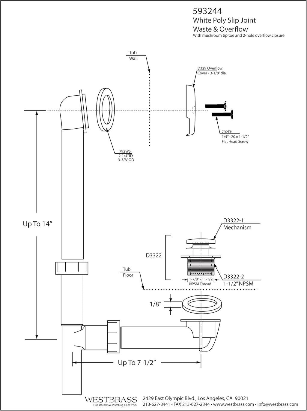 Westbrass 593244-4-07 14' x 1-1/2' White Tubular Bathtub Waste & Overflow Assembly with Tip-Toe Drain Plug and 2-Hole Faceplate, Satin Nickel (4-Pack)